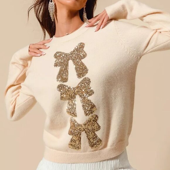 SO ME Sequins Bow Ribbon Embellished Christmas Sweater - Picture 5 of 8